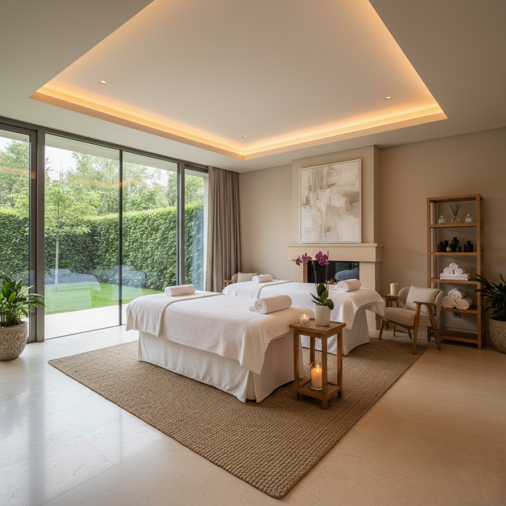 Modern wellness spa with massage tables offering couples massage and relaxation treatments in Edmonton